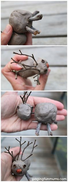 three different pictures of birds made out of clay