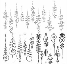 a set of different designs on white paper with black ink, including swirls and spirals