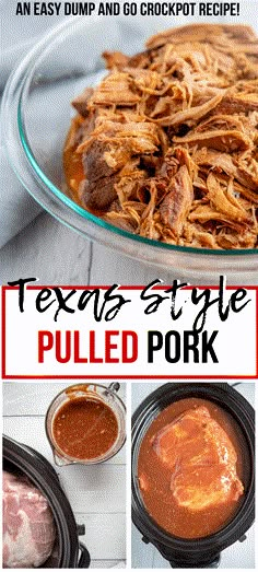 pulled pork in a slow cooker with text overlay that reads texas style pulled pork