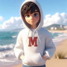 a cartoon character standing on the beach with his hands in his pockets and wearing a white hoodie