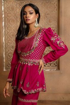 Shop for OMANA BY RANJANA BOTHRA Pink Heer Chanderi Peplum Top And Gharara Set for Women Online at Aza Fashions Designer Eid Anarkali Set With Peplum Shape, Anarkali Style Embroidered Peplum Sharara, Traditional Peplum Lehenga For Eid, Eid Lehenga With Resham Embroidery And Peplum Shape, Embroidered Peplum Anarkali Set For Wedding, Traditional Peplum Anarkali Set For Designer Wear, Embroidered Peplum Lehenga For Eid, Traditional Peplum Lehenga For Reception, Traditional Peplum Palazzo Set For Eid