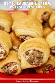 several sausage and cream cheese crescents on a red plate with text overlay that reads, hotel sausage and cream cheese crescents