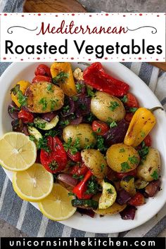 a white bowl filled with potatoes, peppers and lemons next to a wooden spoon