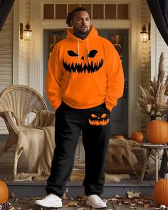 This black-and-orange Halloween hoodie set features a playful jack-o'-lantern print. Its simple design is versatile for casual occasions, while the high-quality fabric ensures comfort. This set captures the festive spirit without being over the top. Specifications: Type: Mens Hoodie Pants Set Sizing: M To 8Xl Design: Print, Jack-o'-lantern, Orange, Black, Halloween Style Details: Kangaroo Pocket, Drawstring Fit: Loose Neckline: Hooded Sleeve Length: Long Sleeve Elasticity: Slightly Stretchy Occa Music Elements, Plus Size Hoodie, Hoodie Pants, Halloween Style, Mens Hoodie, Halloween Hoodie, Hoodie Set, Graffiti Prints, Black Halloween