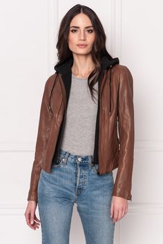 The Arlette biker jacket is the ultimate 2 in 1 casual leather jacket. Classic biker-chic motifs, like zipper pockets and tab details, offer just enough tough-girl edge. A removable hood is a modern and practical upgrade. Contemporary-cool with a touch of attitude, this jacket helps you channel your inner tough girl. Brown Removable inner hood Waist zipper pockets Zipper and adjustable tab details at sleeves Shoulder epaulettes Branded hardware Washed, 100% Lamb Leather Stretch Lining, 97% Polye Brown Hooded Biker Jacket With Zipper Closure, Leather Biker Jacket With Double-lined Hood For Fall, Spring Biker Leather Jacket With Hood, Fall Leather Biker Jacket With Detachable Hood, Brown Leather Hooded Biker Jacket, Leather Biker Jacket With Detachable Hood For Fall, Brown Hooded Leather Biker Jacket, Trendy Fitted Hooded Leather Jacket, Fall Biker Jacket With Detachable Hood