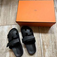 Hermes Chypre Sandals In Black, Never Worn, Excellent Condition Size 7.5 Us, 37.5 Eu. Luxury Black Slides For Beach, Luxury Black Slides For The Beach, Luxury Black Beach Slides, Hermes Sandals, Dream Items, Shoes Aesthetic, Hermes Shoes, Walker Boots, Sandals Black