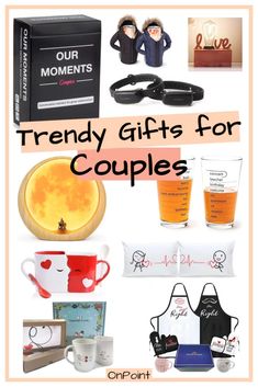 the words trendy gifts for couples are in front of an image of two mugs and