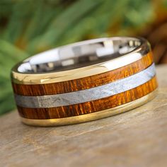 Ironwood and Meteorite Wedding Band Wood And Gold Wedding Band Men, Gold Accent Jewelry, Wedding Band Men, Meteorite Wedding Band, Wedding Band For Men, Wood And Gold, Gibeon Meteorite, Mens Gold Wedding Band, Meteorite Ring