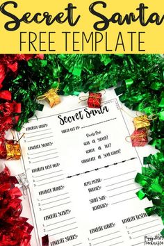 the secret santa free template is shown with green and red tinsels around it