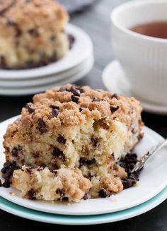 a piece of coffee cake on a plate with a fork