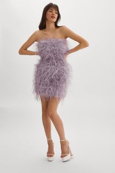 You deserve to standout. Elegant and captivating, the Triana is in a league of its own. Mixed feathers offer eye-catching flounce and alluring texture and a mini cut that elongates your legs. Whether for an event or a night out, you cannot go wrong with this unique number. Mini Fur Dress, Fur Dress, Feather Dress, You Deserve, Night Out, Faux Fur, Lavender, Fashion Design, Dresses