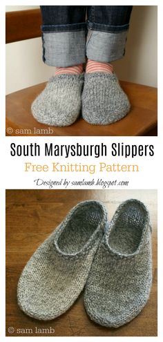 two pictures showing the same pair of slippers with text that reads south marshbugh slippers free knitting pattern