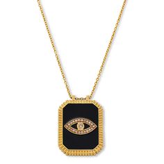 Rarities Gold-Plated Evil Eye Diamond Pendant with 18" Cable Chain  Boost your mood and your fashion quotient with this stylish diamond pendant that is ready-to-wear with the included cable chain.       Pendant approx. 1-1/16"L x 3/4"W     Chain approx. 18"L x 1/16"W with 2" extender; clasps @ 16" & 18"     Stamped .925; 18K yellow gold plating     Gold-plated and black enamel octagonal pendant features an evil eye design of round champagne diamonds     Cable chain; lobster claw clasp     Polished finish   Design and Stone Information        All sizes and weights approximate     Champagne diamond; 0.179ctw Evil Eye Design, Boost Your Mood, Eye Design, Champagne Diamond, Chain Pendant, Black Enamel, Rarity, Cable Chain, Diamond Pendant