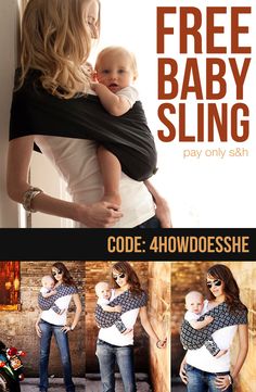 a woman holding a baby while wearing a black and white shirt with the words free baby sling on it