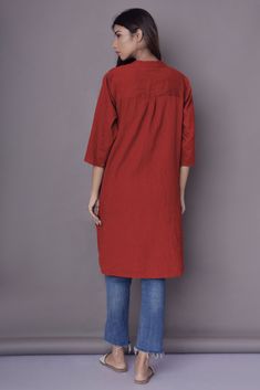 "Casual Shirt Dress for Women, Long Shirt, Apple cut shirt, Indian Kurta, Linen Washed Soft Shirt - Custom made by Modernmoveboutiique >DESCRIPTION< - loose and roomy. - apple cut - 3/4th sleeve - made from Linen blend. The fabric is of medium weight (185 g). - the model is 172 cm high (regular XS - S) and is wearing size S. - color in the picture - LAVA (Please choose any other color on the right). >COLOR< NOTE - The shirt is available in 25 colors. - We found out the fabric to be r Red Short Sleeve Tunic, Casual Cotton Kurta With Half Sleeves, Red Cotton Long Sleeve Tunic, Red Long Sleeve Cotton Tunic, Red Cotton Tunic Kurta, Red Cotton Short Sleeve Shirt Dress, Red Cotton Shirt Dress With Short Sleeves, Red Cotton Straight Kurta Tops, Red Cotton Shirt Dress