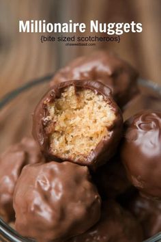 chocolate covered candies stacked on top of each other in a glass bowl with text overlay