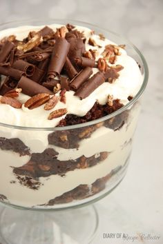 chocolate praline trifle in a glass dish