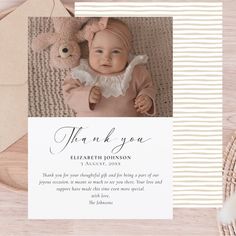 This elegant baby shower thank you card is the perfect way to express your gratitude to your family and friends for their generosity and presence at your baby shower. This design features a picture of your newborn baby in the top half of the card, with a special thank you message in the bottom with "Thank You" in a classy, elegant script. Click the "personalize" button to add your own message and photo. Newborn Thank You Cards, Thank You Card Wording, Dino Theme, Baby Shower Pictures, Baby Thank You Cards, Elegant Baby Shower, Thank You Photos, Baby Shower Thank You Cards, Thank You Messages