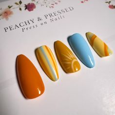 Hi, we are so happy you are here! Summer-inspired and retro colors are the perfect combination, and this set has both! This design is shown on a medium-length almond-shaped nail, however, other shapes and sizes are available to choose from below.  With proper nail preparation and care, our nails can last up to two weeks with glue, or 2-3 days with adhesive tabs. It is highly recommended that you purchase a sizing kit if this is your first time ordering. This kit is the most accurate way to know 70s Nails Retro, 70s Nails, Nails Retro, Jewel Makeup, Retro Nails, Nail Jewels, Summer Retro, Almond Shaped, Nail Buffer