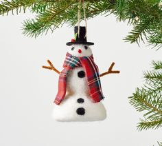 a snowman ornament hanging from a christmas tree