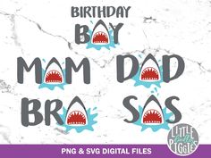 birthday boy and mom dad sass with shark teeth on marble background, digital file