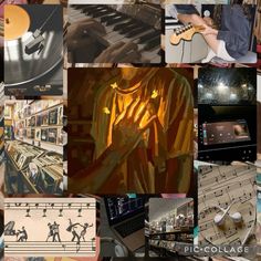 a collage of images with various musical instruments