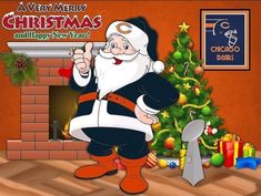 a cartoon santa clause standing in front of a christmas tree