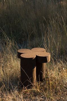 two wooden stools sitting on top of a dry grass field