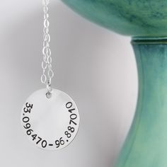 "This anchor necklace is created with a sterling silver round charm, stamped with your custom coordinates around the edge. If you need help finding your coordinates, check: www.latlong.net and you can get your coordinates there. We can use either format (GPS or Latitude & Longitude) See formats below: ● Latitude Longitude Format: 40.6989o N -111.9174o ● GPS Format: 24o 50' 30\" N 76o 16' 32\" W ♥ 25mm aluminum disc - 20 gauge ♥ Sterling Silver Cable Chain - Choose Your Length To order yours, Full Moon Necklace, Half Moon Necklace, Latitude Longitude, Anchor Necklace, Stamped Bracelet, Kids Necklace, Crescent Moon Necklace, Distance Relationship, Silver Moon