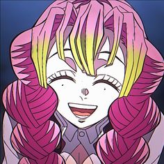 an anime character with pink hair and yellow bangs