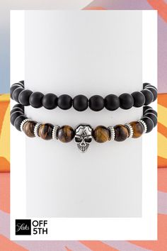 Styled Together Or As Separates, These Two Stretch Bracelets With Agate And Tiger Eye Beads Add Edge To Whatever You're Wearing. Agate Tiger Eye Titanium Skull And Accents Solid Fill Adjustable Stretch Band Hand Knotted Imported Size Diameter, About 3". Center Core - M Jewelryundefined Adjustable Agate Beaded Bracelets With Polished Beads, Casual Beaded Agate Jewelry, Adjustable Agate Bracelet With Polished Beads, Adjustable Black Agate Bead Jewelry, Adjustable Agate Jewelry With Black Beads, Adjustable Black Agate Beaded Jewelry, Adjustable Agate Jewelry With Spacer Beads, Stretch Band, Tiger Eye Beads