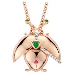 One of a kind lucky beetle necklace in 18K rose gold 11g set with the finest diamonds in brilliant cut 0,37Ct (VVS/DEF quality) one natural, tsavorite in triangel cut and a pink sapphire in brilliant cut. The feelers and the eyes are set with tsavorites and pink tourmalines in round cabouchon cut. The chain is 50cm long incuding 2 extra eyes to make it 2,5 and 5cm shorter. This lucky beetle is a very special one because you can wear it in two different ways.... open or closed. Celine Roelens, a goldsmith and gemologist as well, is specialized in unique, fine jewelry, handmade in Belgium and brought to life by experienced craftsmen. Original pieces made from precious materials of exceptional quality. Celine launched "The Goldbeetle” in 2020. The brand name is inspired by the rare and golden Beetle Necklace, Gold Diamond Pendant Necklace, Tsavorite Garnet, Yellow Gold Chain, Women Diamond, Rose Gold Jewelry, Diamond Pendant Necklace, Rose Gold Diamonds, Pink Tourmaline