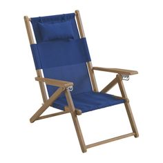 a blue lawn chair sitting on top of a white background