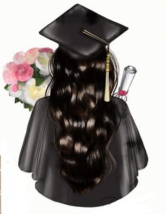 the back of a woman's head wearing a graduation cap and gown with flowers in the background