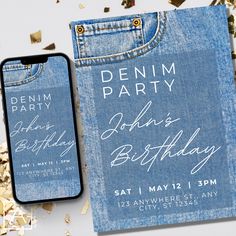 a denim birthday party card next to a cell phone