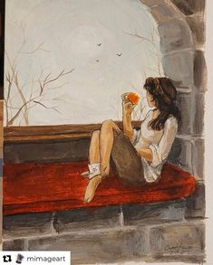 a painting of a woman sitting on a window sill and holding a flower in her hand