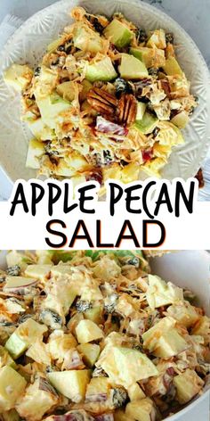 an apple pecan salad in a white bowl with the title above it and below