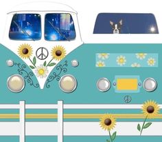 a van with sunflowers and peace signs on the side