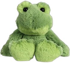 a green frog stuffed animal sitting up against a white background