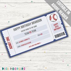 a baseball ticket with the words happy birthday brandon on it and a ball in the middle