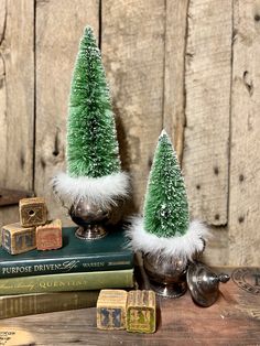 two small green christmas trees sitting on top of a table next to some old books