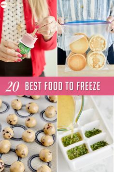 the best food to freeze is in this collage, including muffins and cupcakes