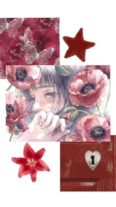 a collage with flowers and a heart shaped lock on the front, an illustration of a woman's face surrounded by red poppies