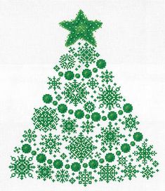 a cross stitch christmas tree with green balls and snowflakes on it's bottom