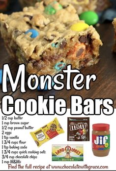 monster cookie bars recipe with text overlay that says monster cookie bars and other ingredients