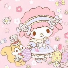 a cartoon character holding an egg in front of flowers and butterflies on a pink background