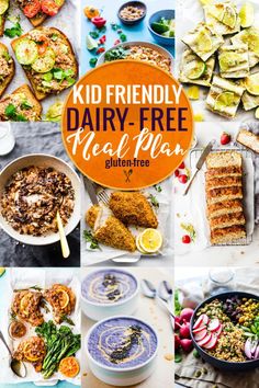 a collage of different pictures with the words kid friendly dairy - free meal plan