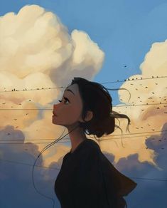 a painting of a woman looking up into the sky with clouds in the back ground