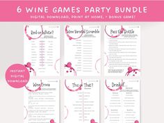 six wine games party bundle with instructions for each game, including the names and numbers