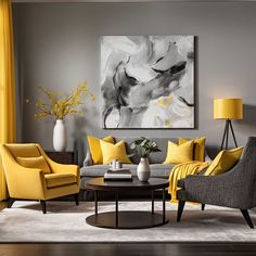 a living room with yellow and gray furniture